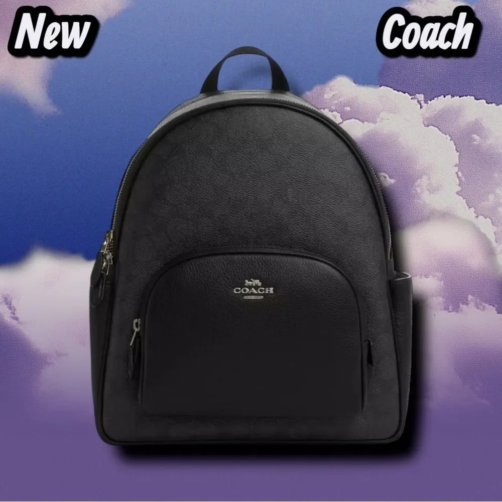 coach court backpack in signature canvas Outlet Signature coated canvas and refined pebble leather Inside zip and multifunction pockets Double zip closure fabric lining Handle with 2 1/4 drop Outside zip pocket Adjustable shoulder straps 10 3/4 (L) x 12 1/2 (H) x 4 3/4 (W) Style No. New NWT Coach Court Backpack